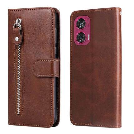 For Motorola Edge 50 Fusion 5G Case Zipper Wallet Calf Texture PU Leather Phone Cover - Brown