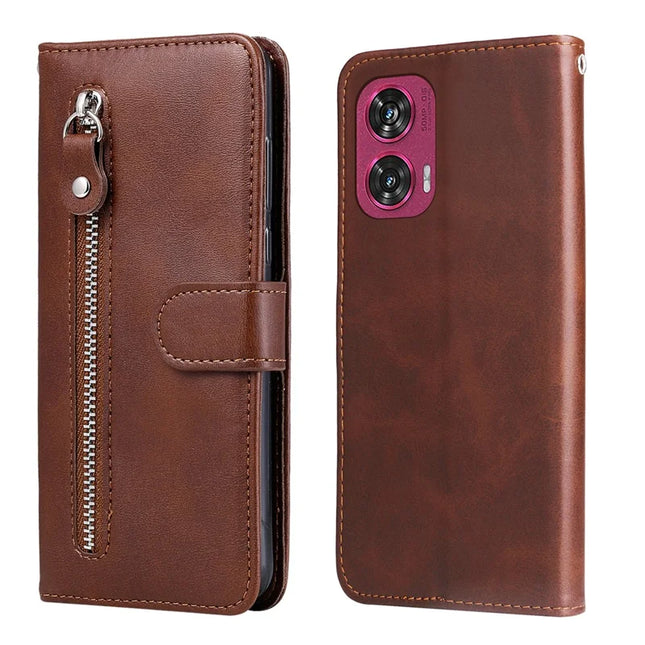 For Motorola Edge 50 Fusion 5G Case Zipper Wallet Calf Texture PU Leather Phone Cover - Brown