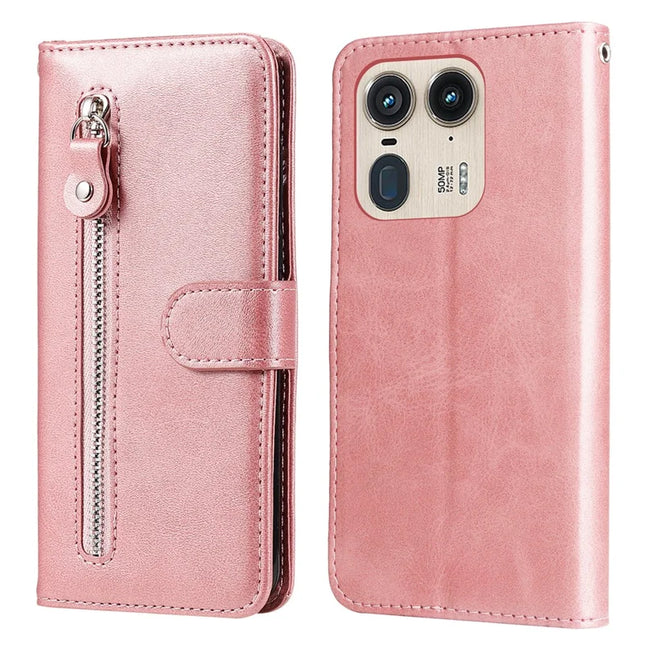 Zipper Wallet Case for Motorola Edge 50 Ultra 5G / Moto X50 Ultra 5G Calf Texture PU Leather Phone Cover - Pink