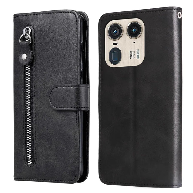 Zipper Wallet Case for Motorola Edge 50 Ultra 5G / Moto X50 Ultra 5G Calf Texture PU Leather Phone Cover - Black