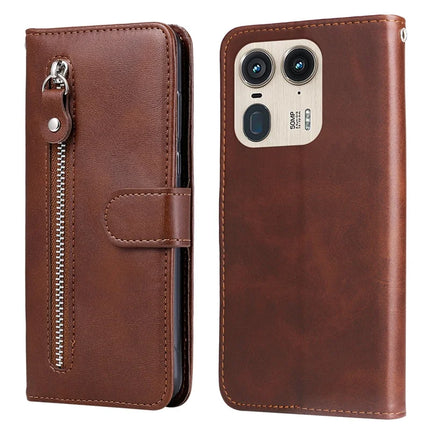 Zipper Wallet Case for Motorola Edge 50 Ultra 5G / Moto X50 Ultra 5G Calf Texture PU Leather Phone Cover - Brown