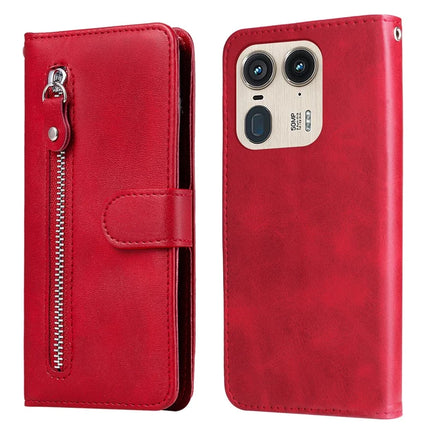 Zipper Wallet Case for Motorola Edge 50 Ultra 5G / Moto X50 Ultra 5G Calf Texture PU Leather Phone Cover - Red