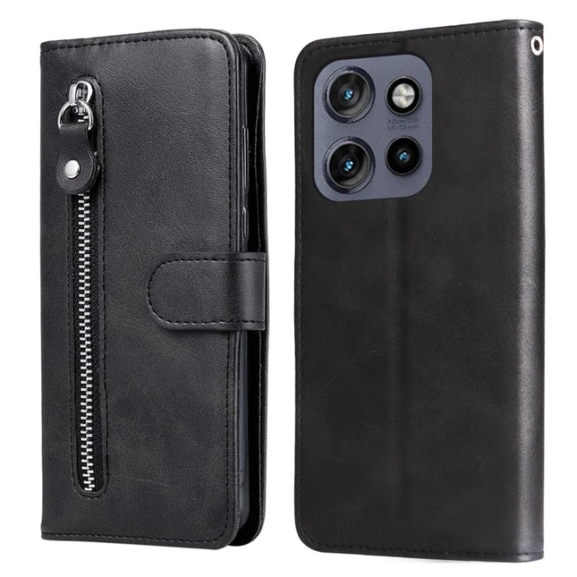 Zipper Wallet Case for Motorola Edge 50 Neo 5G / ThinkPhone 25 5G / Moto S50 5G PU Leather Phone Cover Calf Texture - Black