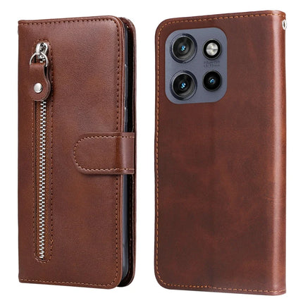 Zipper Wallet Case for Motorola Edge 50 Neo 5G / ThinkPhone 25 5G / Moto S50 5G PU Leather Phone Cover Calf Texture - Brown