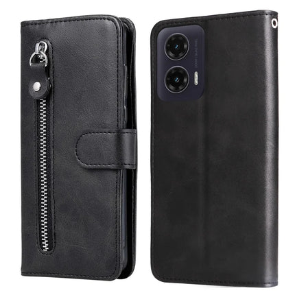 For Motorola Moto G35 5G Case Zipper Wallet Calf Texture PU Leather Phone Cover - Black