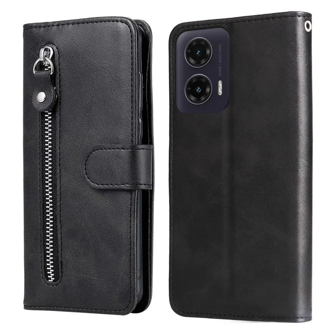 For Motorola Moto G35 5G Case Zipper Wallet Calf Texture PU Leather Phone Cover - Black