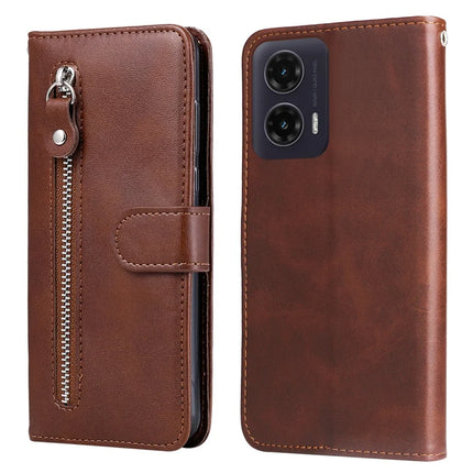 For Motorola Moto G35 5G Case Zipper Wallet Calf Texture PU Leather Phone Cover - Brown
