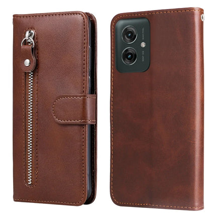 For Motorola Moto G55 5G Case Zipper Wallet Calf Texture PU Leather Phone Cover - Brown