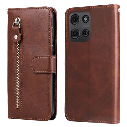 For Motorola Moto G75 5G Case Zipper Wallet Calf Texture PU Leather Phone Cover - Brown