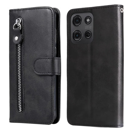 For Motorola Moto G75 5G Case Zipper Wallet Calf Texture PU Leather Phone Cover - Black