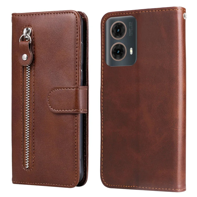For Motorola Moto G85 5G / S50 Neo 5G Case Zipper Wallet Calf Texture PU Leather Phone Cover - Brown