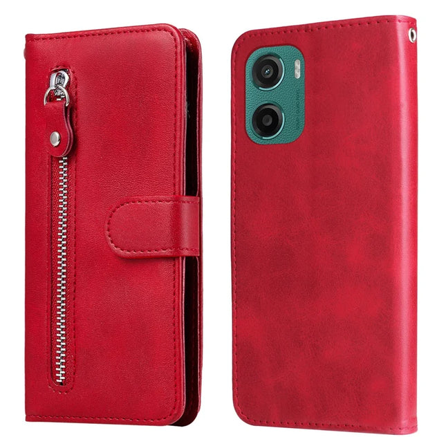 For Motorola Moto G05 4G / E15 4G Case Zipper Wallet Calf Texture PU Leather Phone Cover - Red
