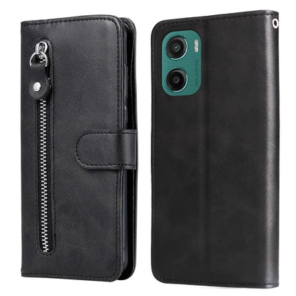 For Motorola Moto G05 4G / E15 4G Case Zipper Wallet Calf Texture PU Leather Phone Cover - Black