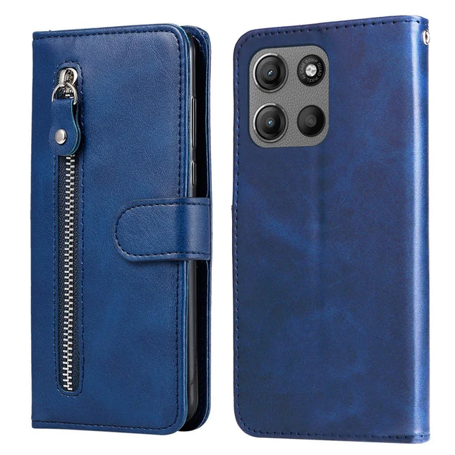 For Motorola Moto G15 4G / G15 Power 4G Case Zipper Wallet Calf Texture PU Leather Phone Cover - Blue