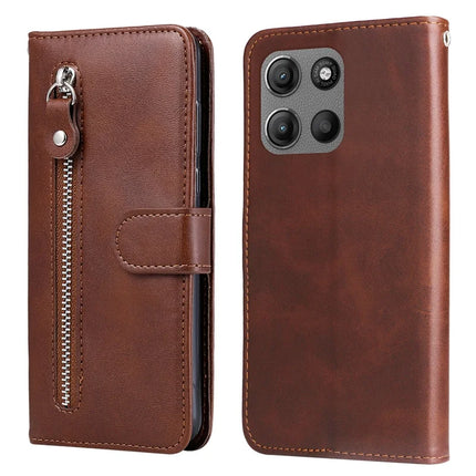 For Motorola Moto G15 4G / G15 Power 4G Case Zipper Wallet Calf Texture PU Leather Phone Cover - Brown