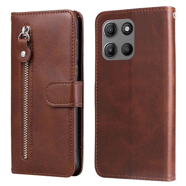 For Motorola Moto G15 4G / G15 Power 4G Case Zipper Wallet Calf Texture PU Leather Phone Cover - Brown