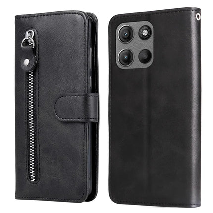 For Motorola Moto G15 4G / G15 Power 4G Case Zipper Wallet Calf Texture PU Leather Phone Cover - Black