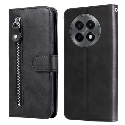 For OnePlus 13R 5G / Ace 5 5G / Ace 5 Pro 5G Case Zipper Wallet Calf Texture PU Leather Phone Cover - Black