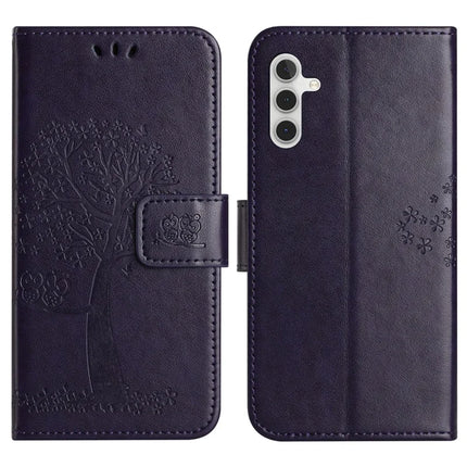 For Samsung Galaxy A36 5G Case PU Leather Owl Tree Imprinted Wallet Phone Cover - Dark Blue