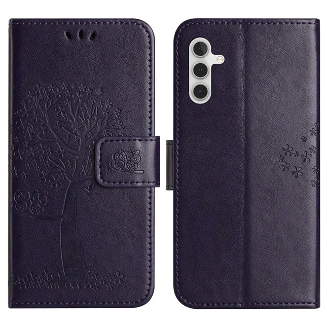 For Samsung Galaxy A36 5G Case PU Leather Owl Tree Imprinted Wallet Phone Cover - Dark Blue