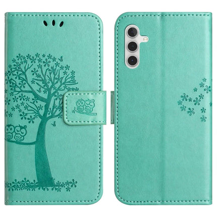 For Samsung Galaxy A36 5G Case PU Leather Owl Tree Imprinted Wallet Phone Cover - Cyan