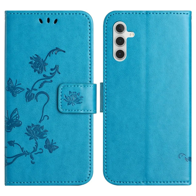 For Samsung Galaxy A56 5G Case Wallet Stand Imprinted Butterfly Flower PU Leather Phone Cover - Blue