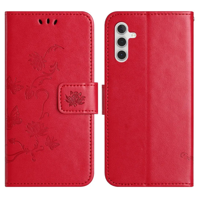 For Samsung Galaxy A56 5G Case Wallet Stand Imprinted Butterfly Flower PU Leather Phone Cover - Red