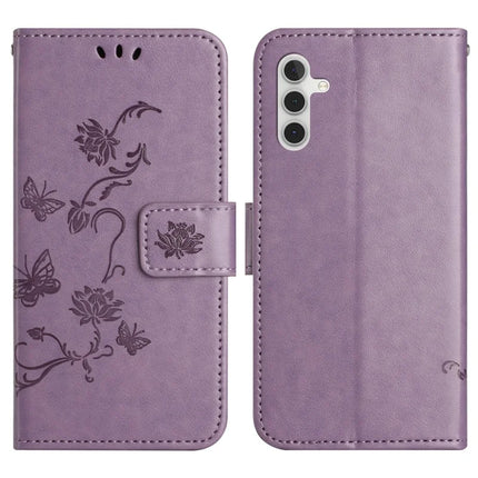 For Samsung Galaxy A56 5G Case Wallet Stand Imprinted Butterfly Flower PU Leather Phone Cover - Purple