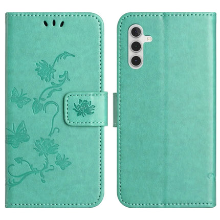 For Samsung Galaxy A56 5G Case Wallet Stand Imprinted Butterfly Flower PU Leather Phone Cover - Cyan