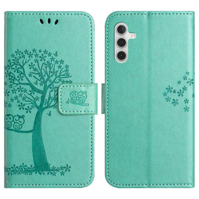 For Samsung Galaxy A56 5G Case PU Leather Owl Tree Imprinted Wallet Phone Cover - Cyan