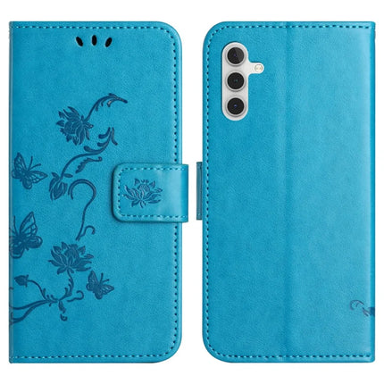 For Samsung Galaxy A36 5G Case Wallet Stand Imprinted Butterfly Flower PU Leather Phone Cover - Blue