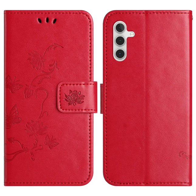For Samsung Galaxy A36 5G Case Wallet Stand Imprinted Butterfly Flower PU Leather Phone Cover - Red