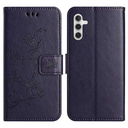 For Samsung Galaxy A36 5G Case Wallet Stand Imprinted Butterfly Flower PU Leather Phone Cover - Dark Blue