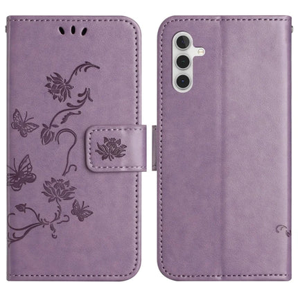 For Samsung Galaxy A36 5G Case Wallet Stand Imprinted Butterfly Flower PU Leather Phone Cover - Purple
