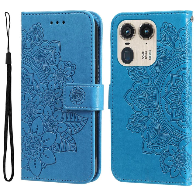 For Motorola Edge 50 Ultra 5G / Moto X50 Ultra 5G Case PU Leather Wallet Floral Phone Cover Stand View - Blue