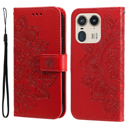 For Motorola Edge 50 Ultra 5G / Moto X50 Ultra 5G Case PU Leather Wallet Floral Phone Cover Stand View - Red
