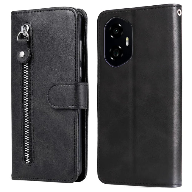 For Honor 300 Case Zipper Wallet Calf Texture PU Leather Phone Cover - Black