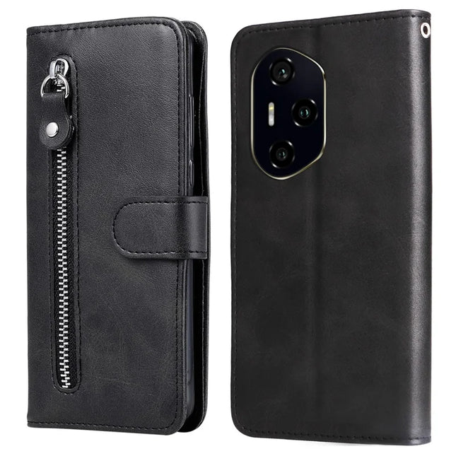 For Honor 300 Pro / 300 Ultra Case Zipper Wallet Calf Texture PU Leather Phone Cover - Black