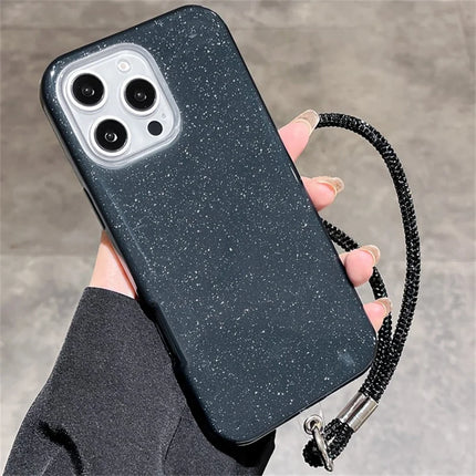 For iPhone 16 Pro Max Case with Wrist Strap TPU Phone Back Cover Glitter Design - Black