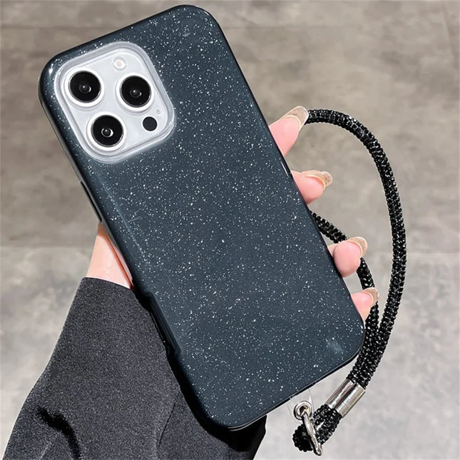 For iPhone 16 Pro Max Case with Wrist Strap TPU Phone Back Cover Glitter Design - Black