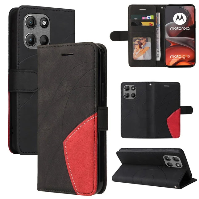 For Motorola Moto G15 4G Leather Case Wallet Stand Color Splicing Phone Cover - Black
