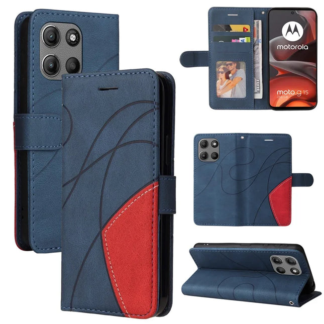 For Motorola Moto G15 4G Leather Case Wallet Stand Color Splicing Phone Cover - Blue