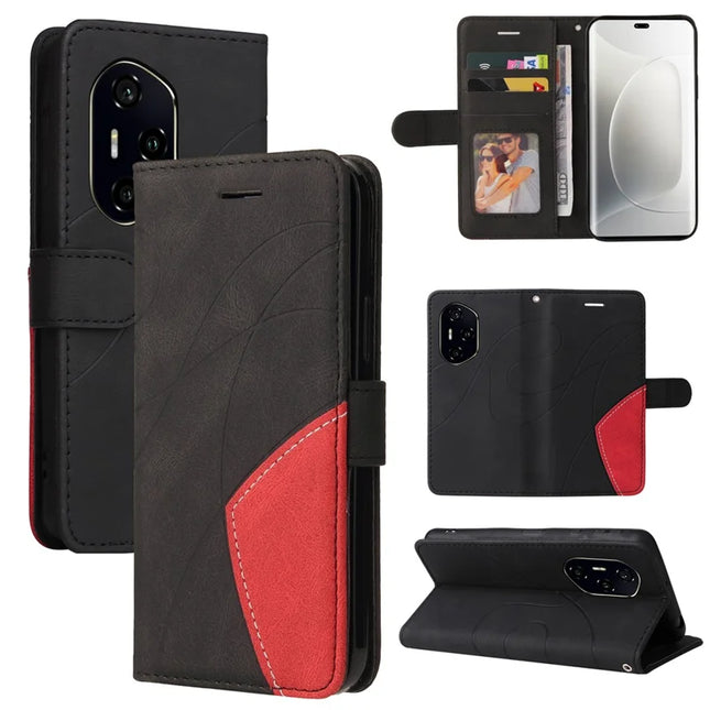 For Honor 300 Pro Leather Case Wallet Stand Color Splicing Phone Cover - Black