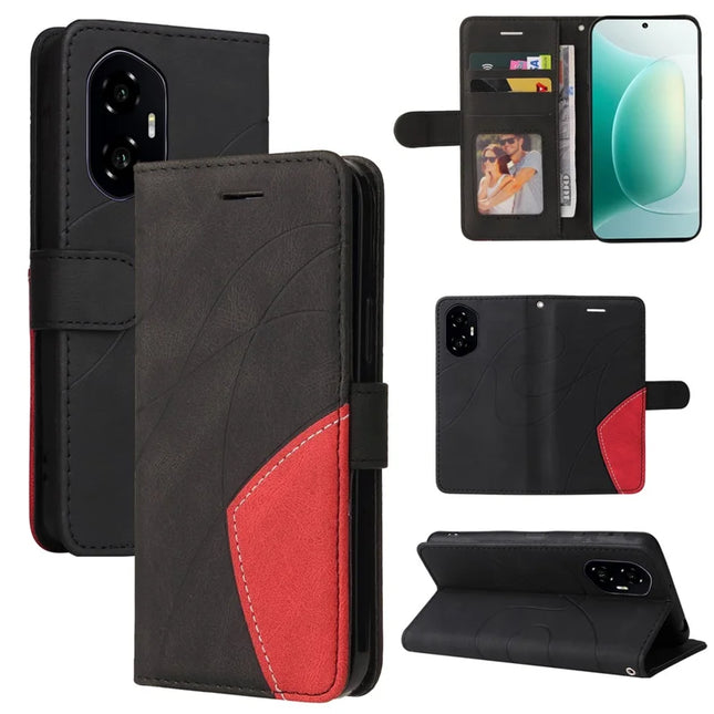 For Honor 300 Leather Case Wallet Stand Color Splicing Phone Cover - Black