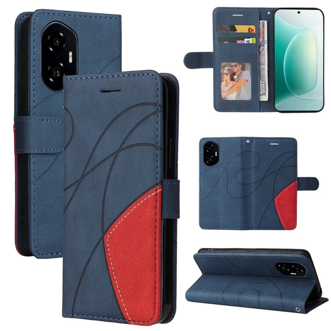 For Honor 300 Leather Case Wallet Stand Color Splicing Phone Cover - Blue