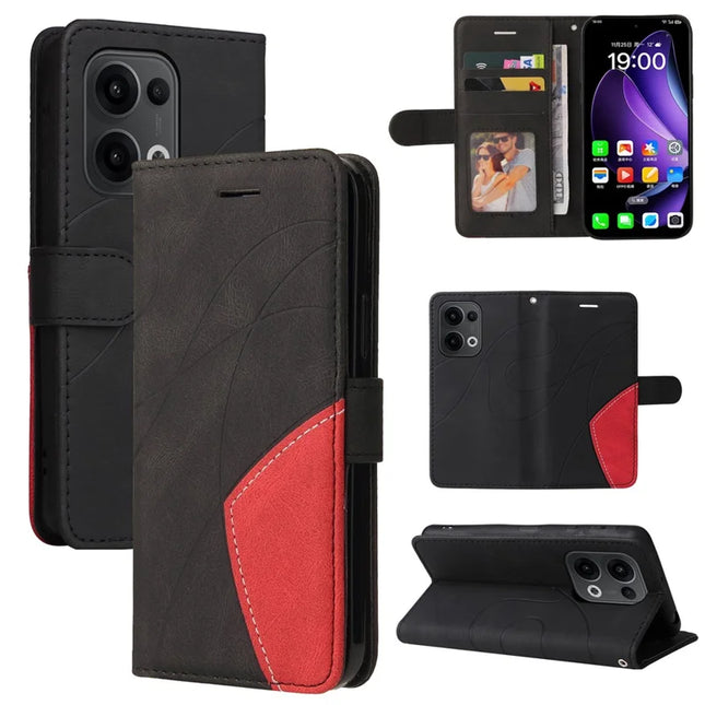 For Oppo Reno13 5G (Global) Leather Case Wallet Stand Color Splicing Phone Cover - Black