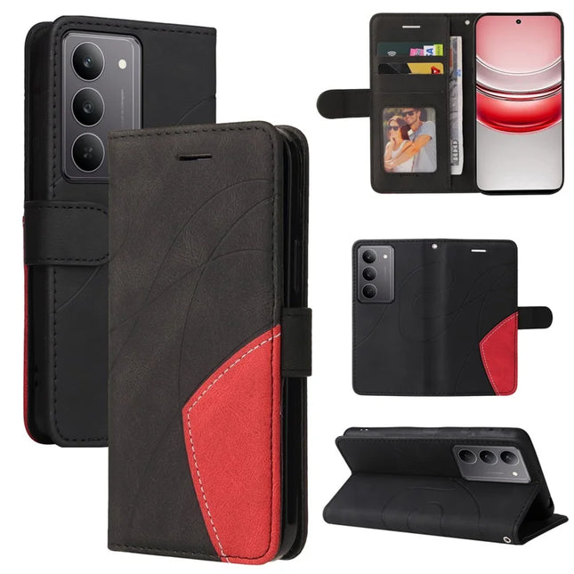 For Realme C75 Leather Case Wallet Stand Color Splicing Phone Cover - Black