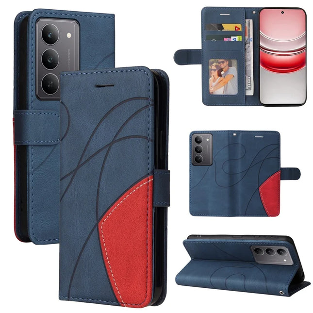 For Realme C75 Leather Case Wallet Stand Color Splicing Phone Cover - Blue