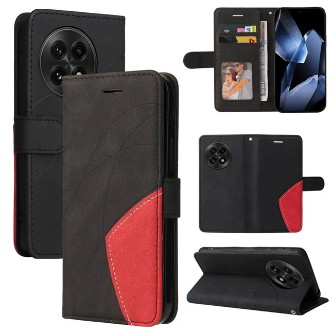 For OnePlus 13 Leather Case Wallet Stand Color Splicing Phone Cover - Black