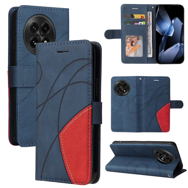 For OnePlus 13 Leather Case Wallet Stand Color Splicing Phone Cover - Blue